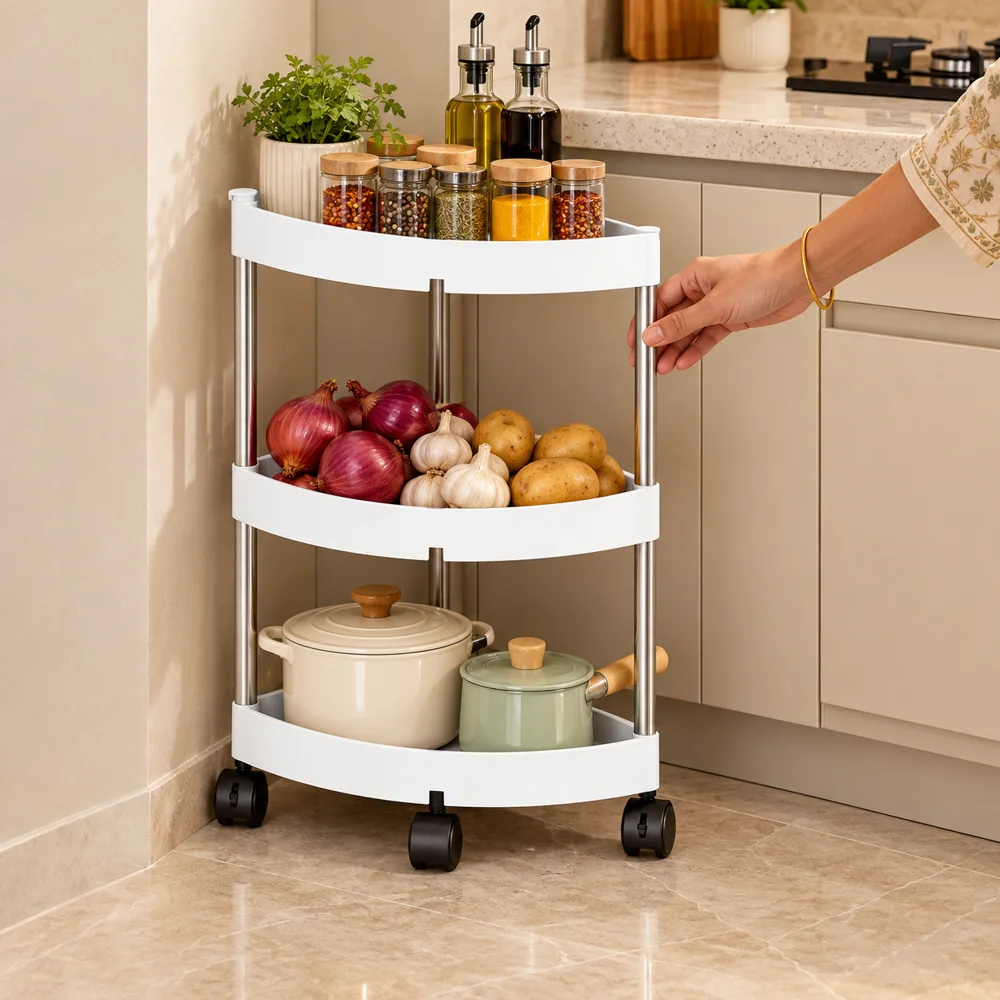 Slim Corner Trolley Steel Frame (3 Tiers) — Everyday setup