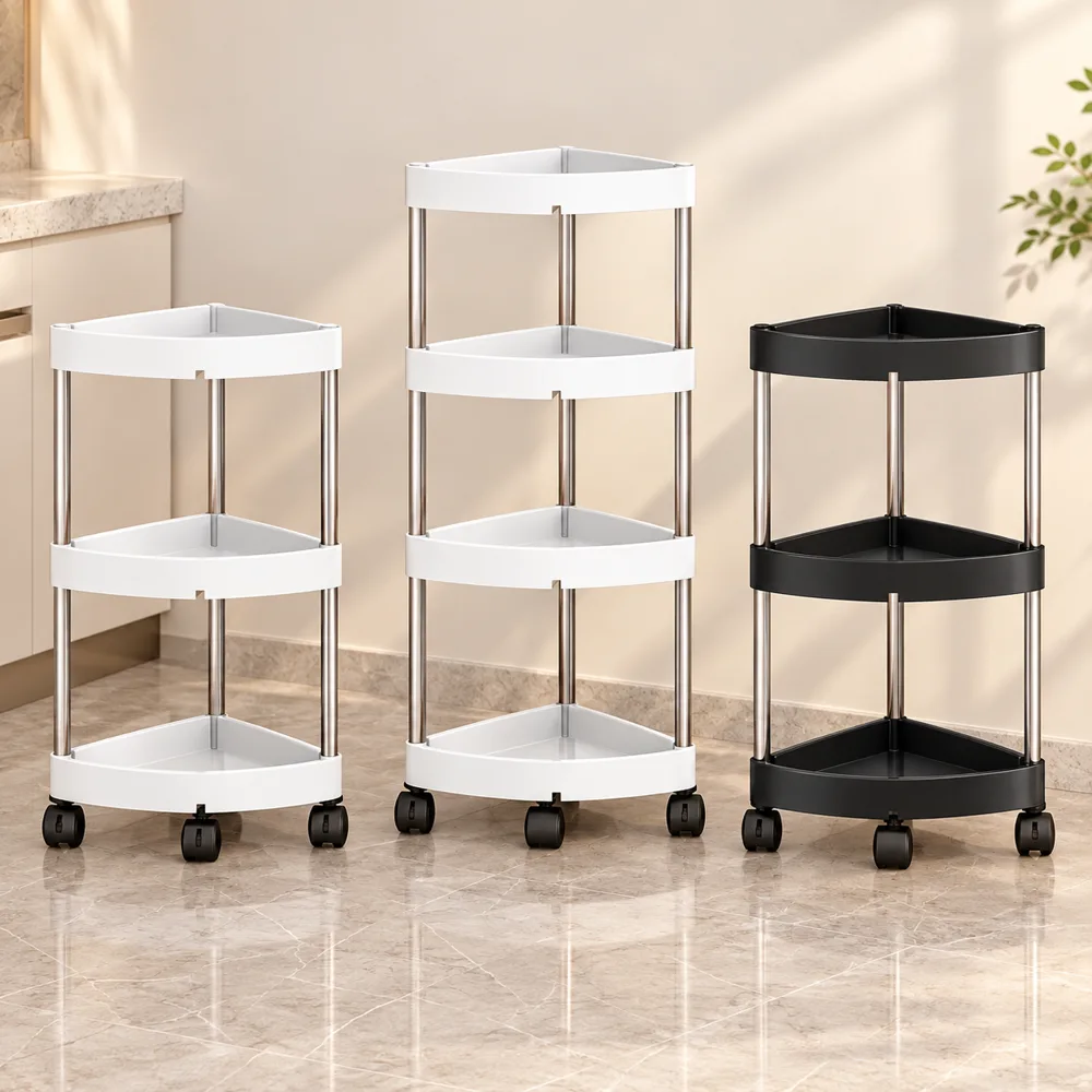 Slim Corner Trolley Steel Frame (3 Tiers) styled view