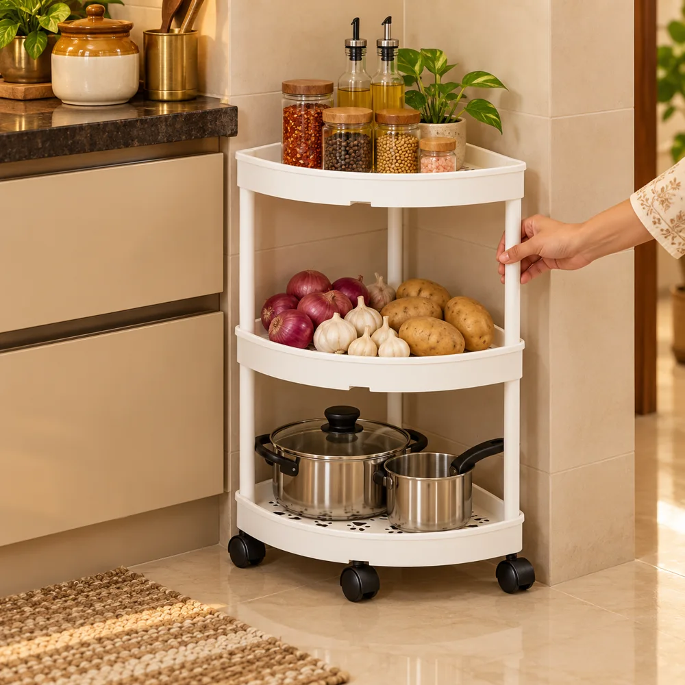 Slim Corner Trolley Plastic Frame (3 Tiers) in use