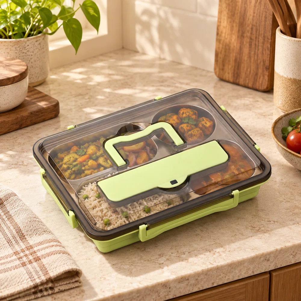 Compartment Stainless Steel Lunch Box (4 Compartments & Bowl & Cutlery)