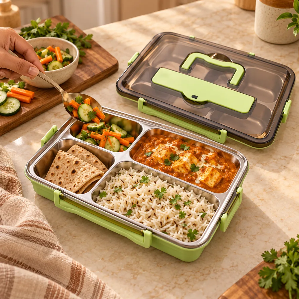Compartment Stainless Steel Lunch Box (4 Compartments & Bowl & Cutlery) — Everyday setup