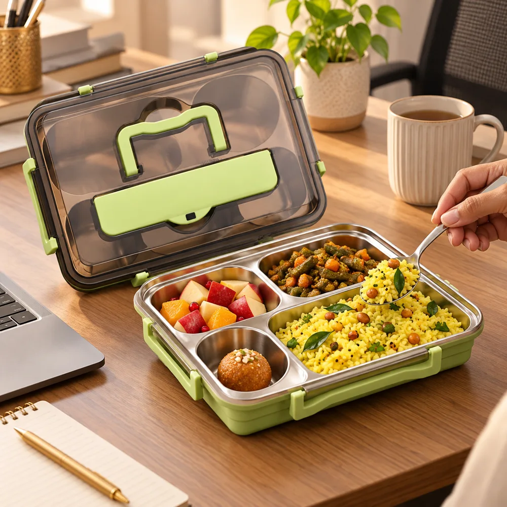 Compartment Stainless Steel Lunch Box (4 Compartments & Bowl & Cutlery) — Ready for your space