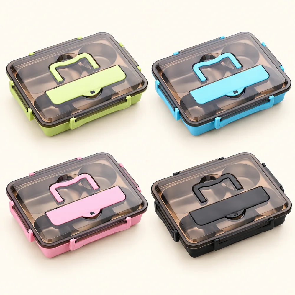 Compartment Stainless Steel Lunch Box (4 Compartments & Bowl & Cutlery) close view