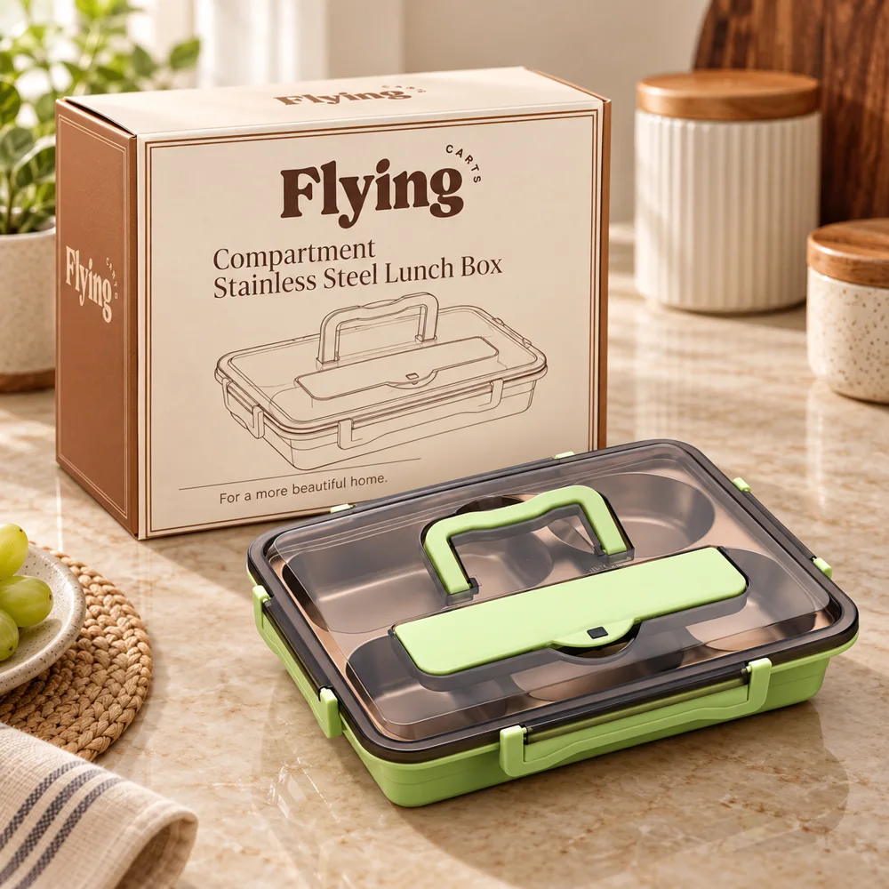 Compartment Stainless Steel Lunch Box (4 Compartments & Bowl & Cutlery) styled view