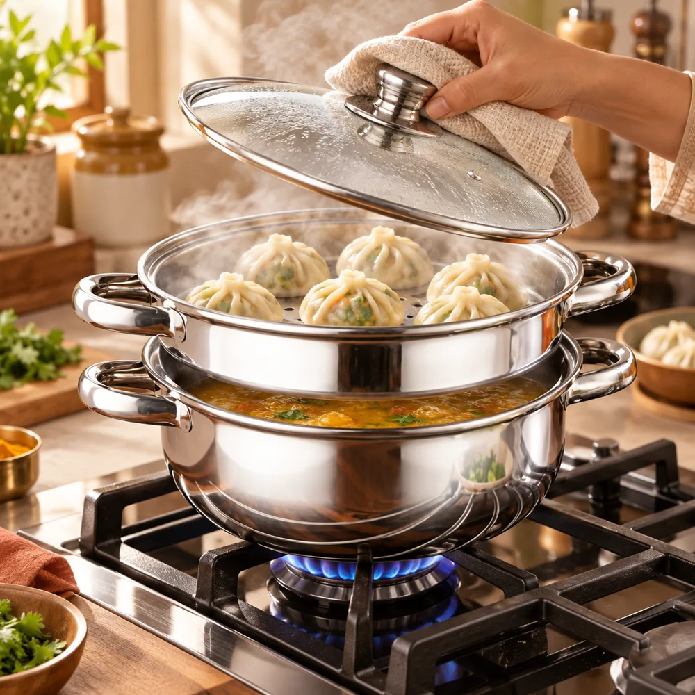 Stainless Steel Steamer & Soup Pot (28 cm & Steamer) in use