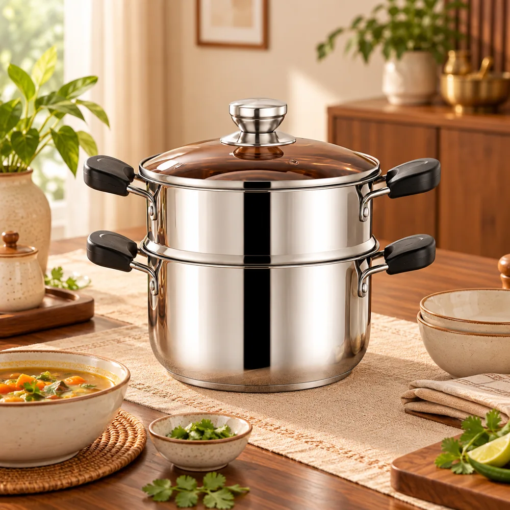 Steel Soup Pot with Steamer (20 cm) close view