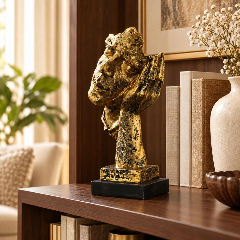 Quietude Antiqued Gold Tone Listening Sculpture in use
