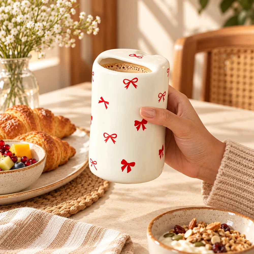 Ribbon Bow Ceramic Mug (330 ml) in use