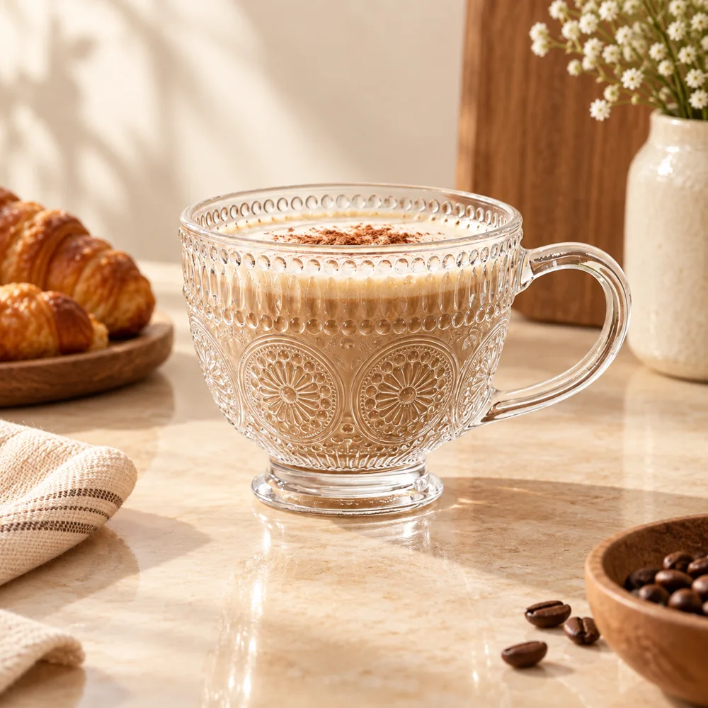 Sunflower Embossed Glass Mug (400 ml & Gold Rim)