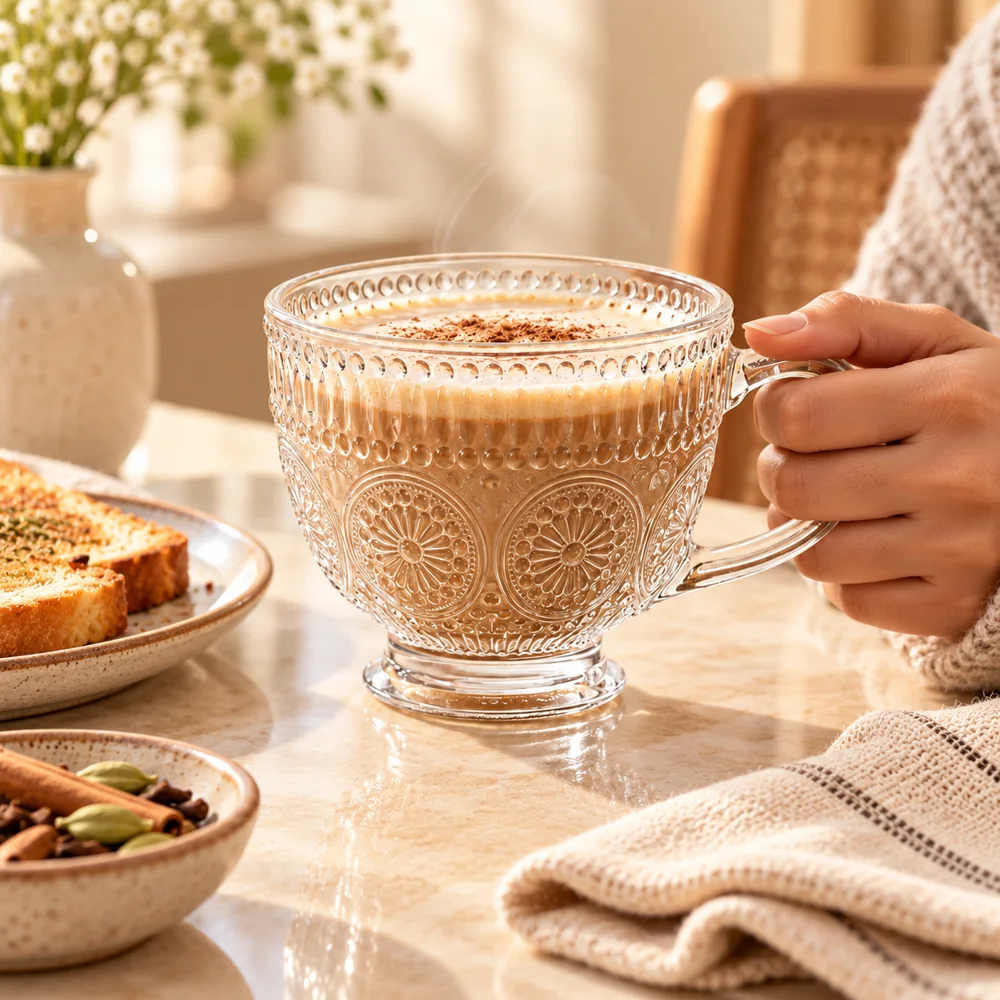 Sunflower Embossed Glass Mug (400 ml & Gold Rim) — Everyday setup