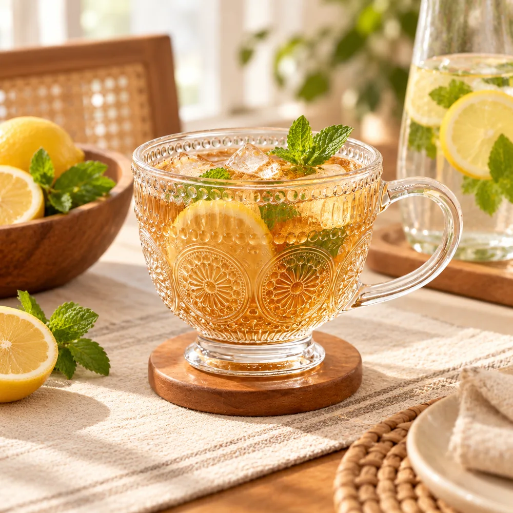 Sunflower Embossed Glass Mug (400 ml & Gold Rim) — Form and function