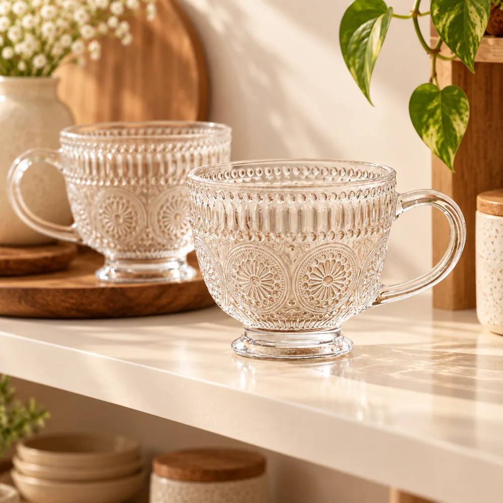 Sunflower Embossed Glass Mug (400 ml & Gold Rim) detail