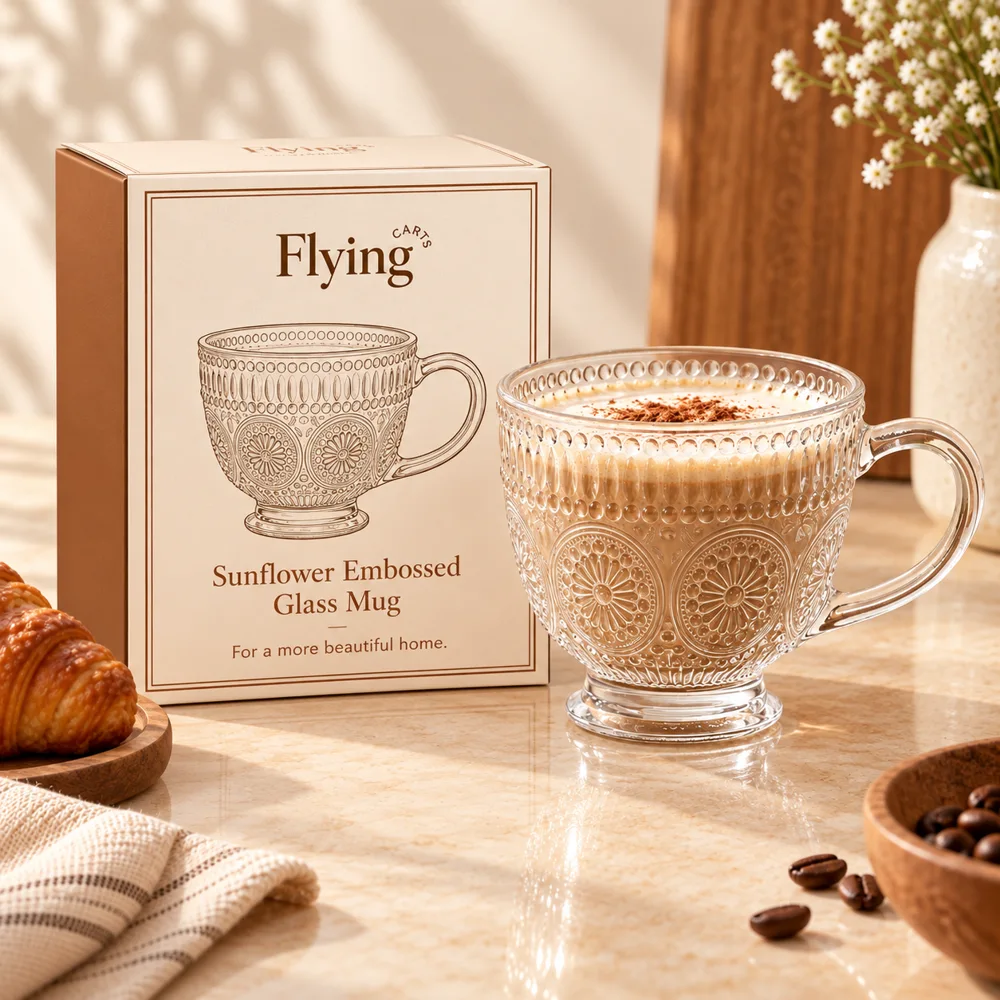 Sunflower Embossed Glass Mug (400 ml & Gold Rim) styled view