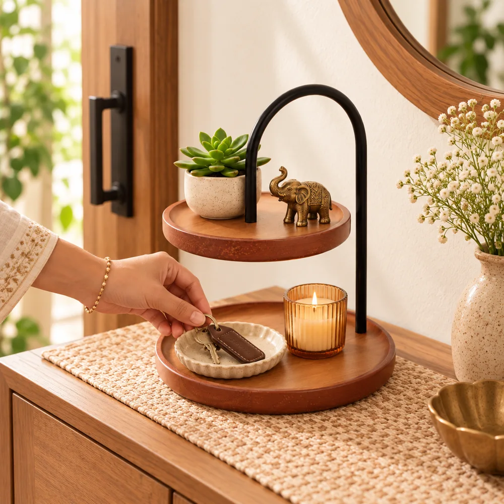Compact Two-Tier Entryway Display Stand — Everyday setup