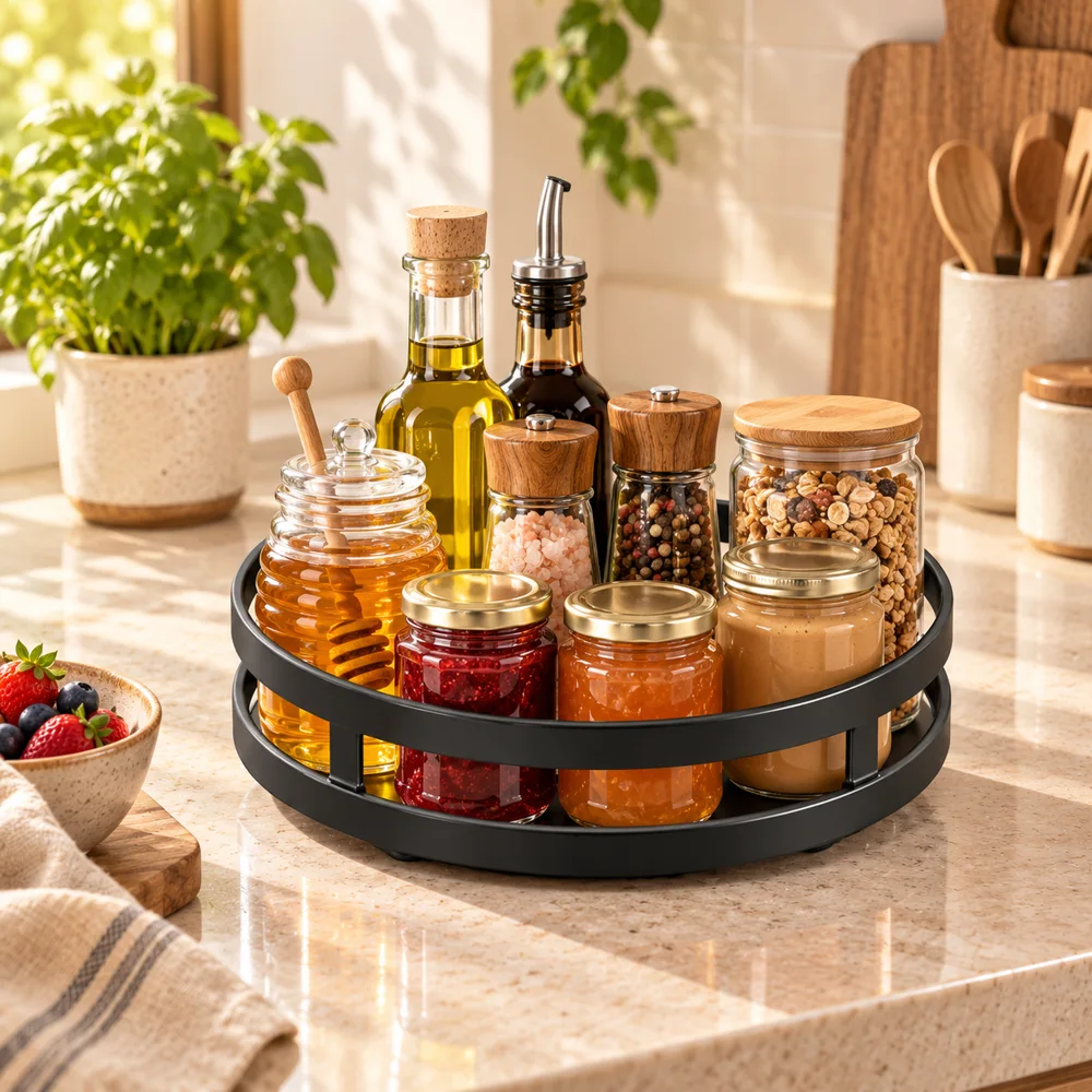 Black Round Rotating Spice Organiser — Form and function