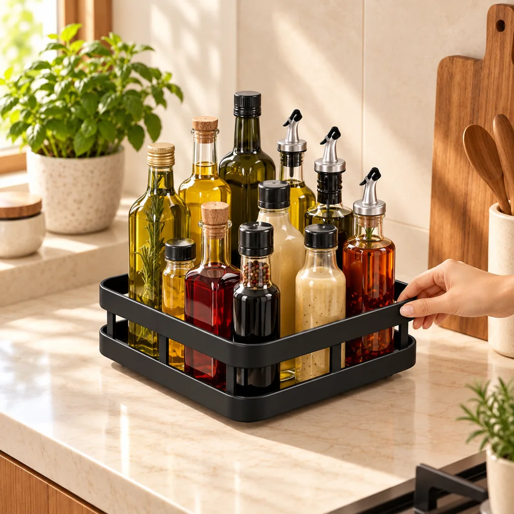 Black Square Rotating Spice Organiser in use