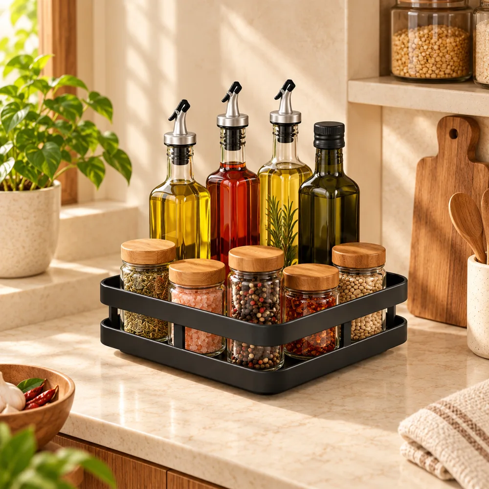 Black Square Rotating Spice Organiser — Form and function