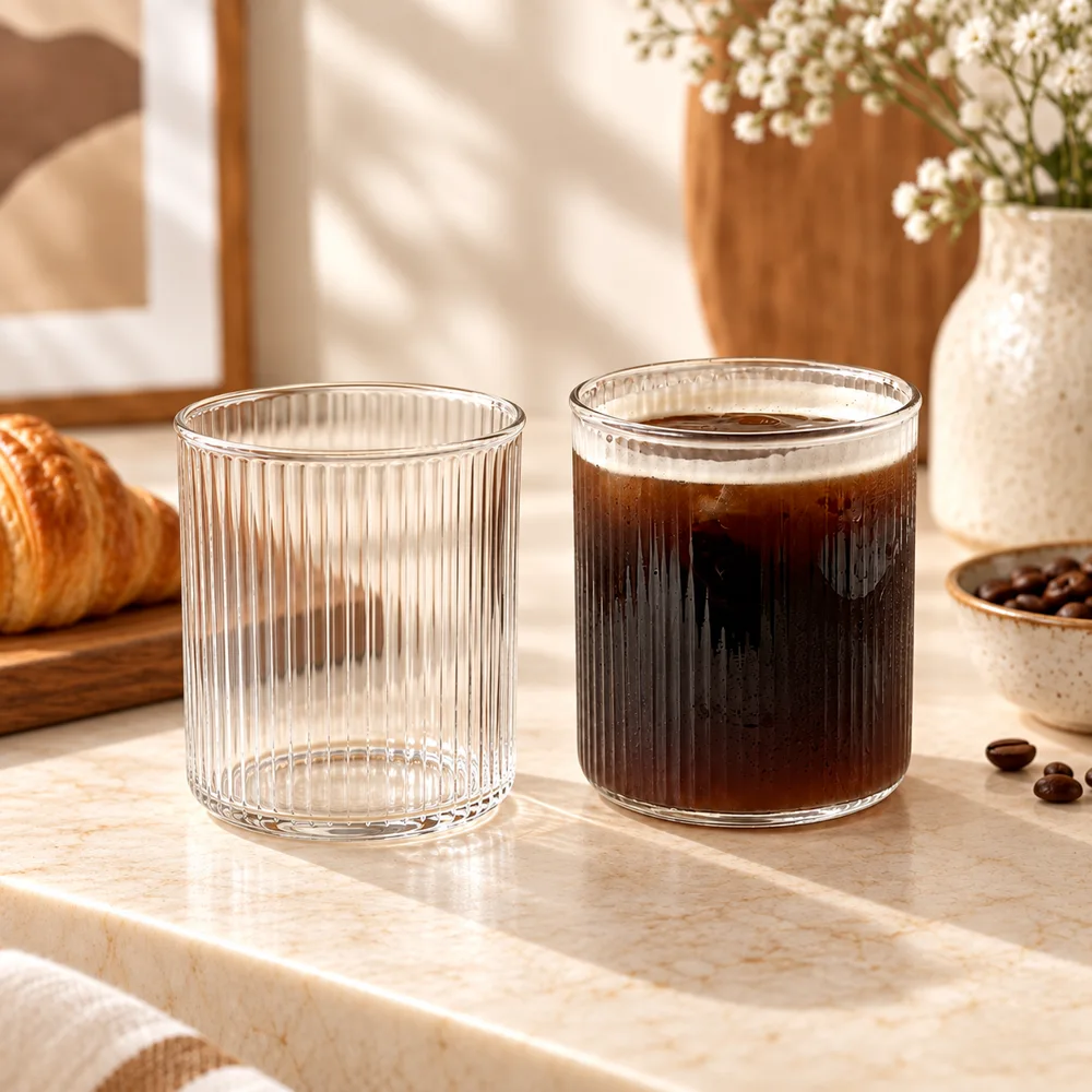 Classic Ribbed Glass Tumbler (300 ml) styled view