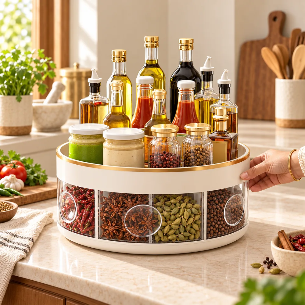 Rotating Seasoning Storage Rack (White) in use