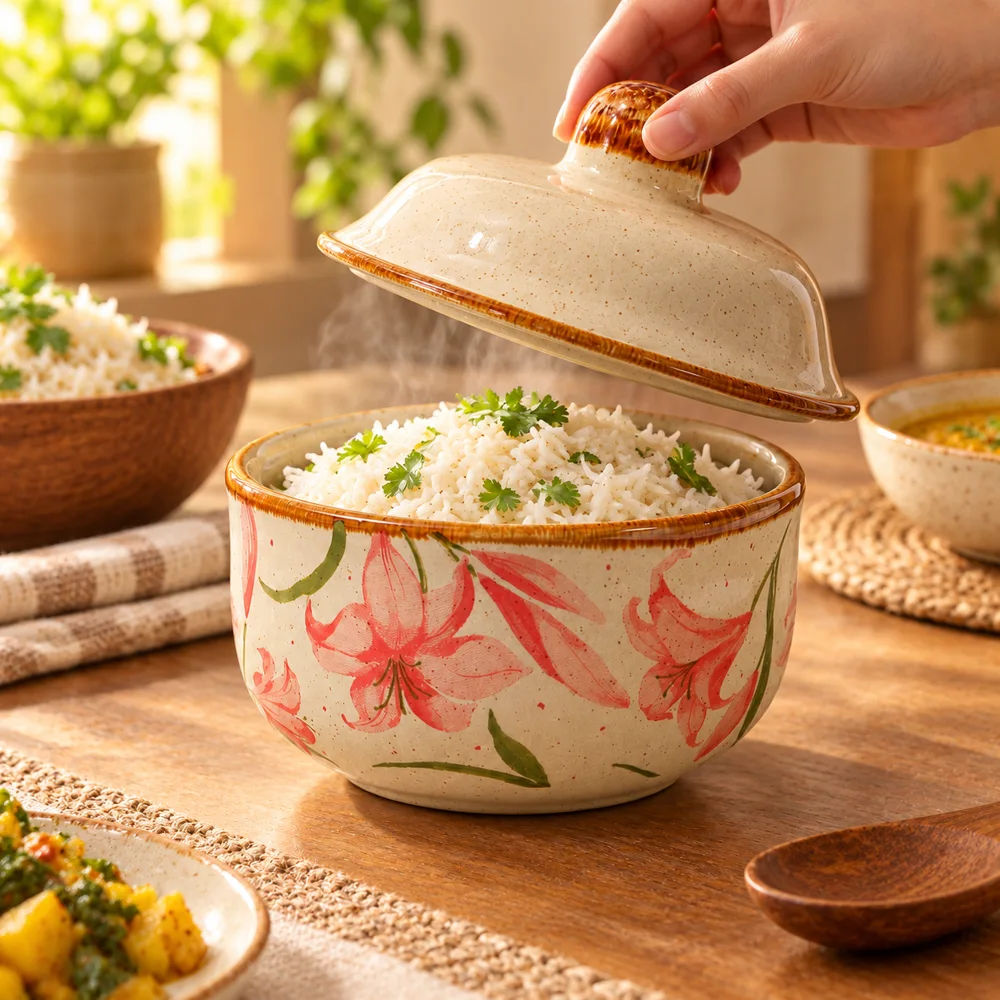 Crimson Lily Lidded Ceramic Bowl (400 ml) — Everyday setup