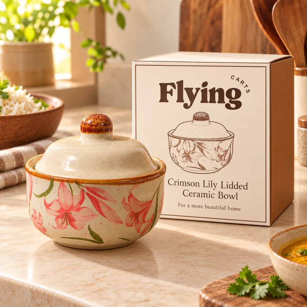 Crimson Lily Lidded Ceramic Bowl (400 ml) styled view