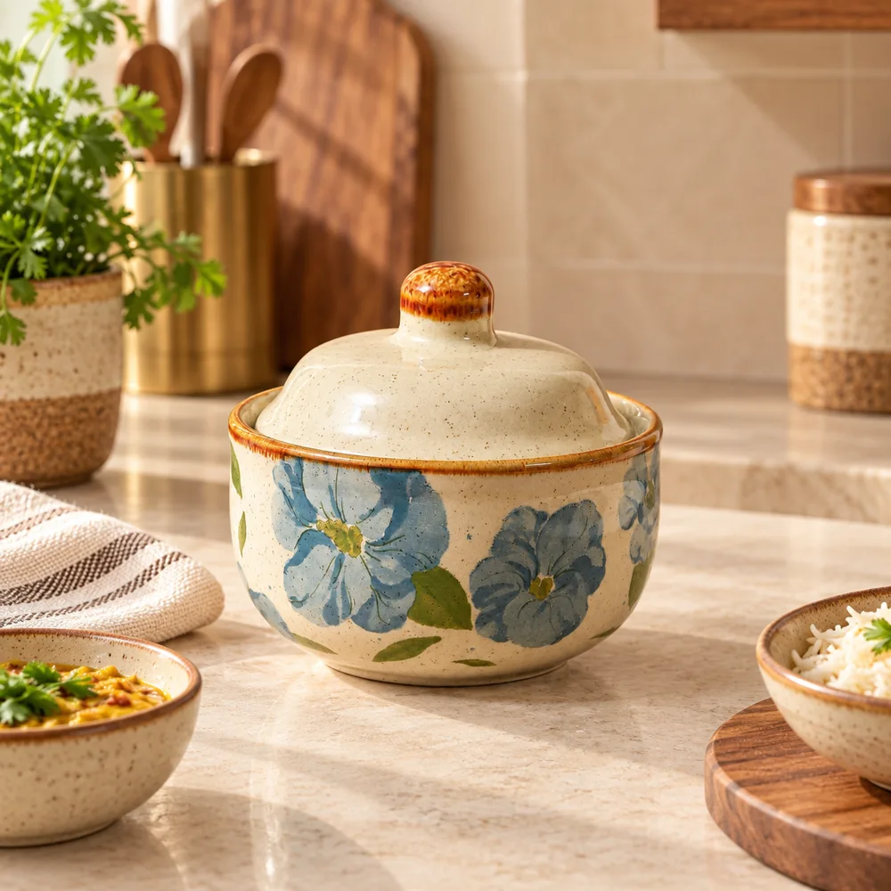 Ink Peony Lidded Ceramic Bowl (400 ml)