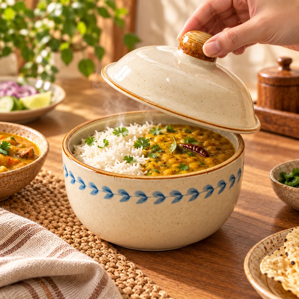 Qinghui Painted Lidded Ceramic Bowl (400 ml) — Everyday setup
