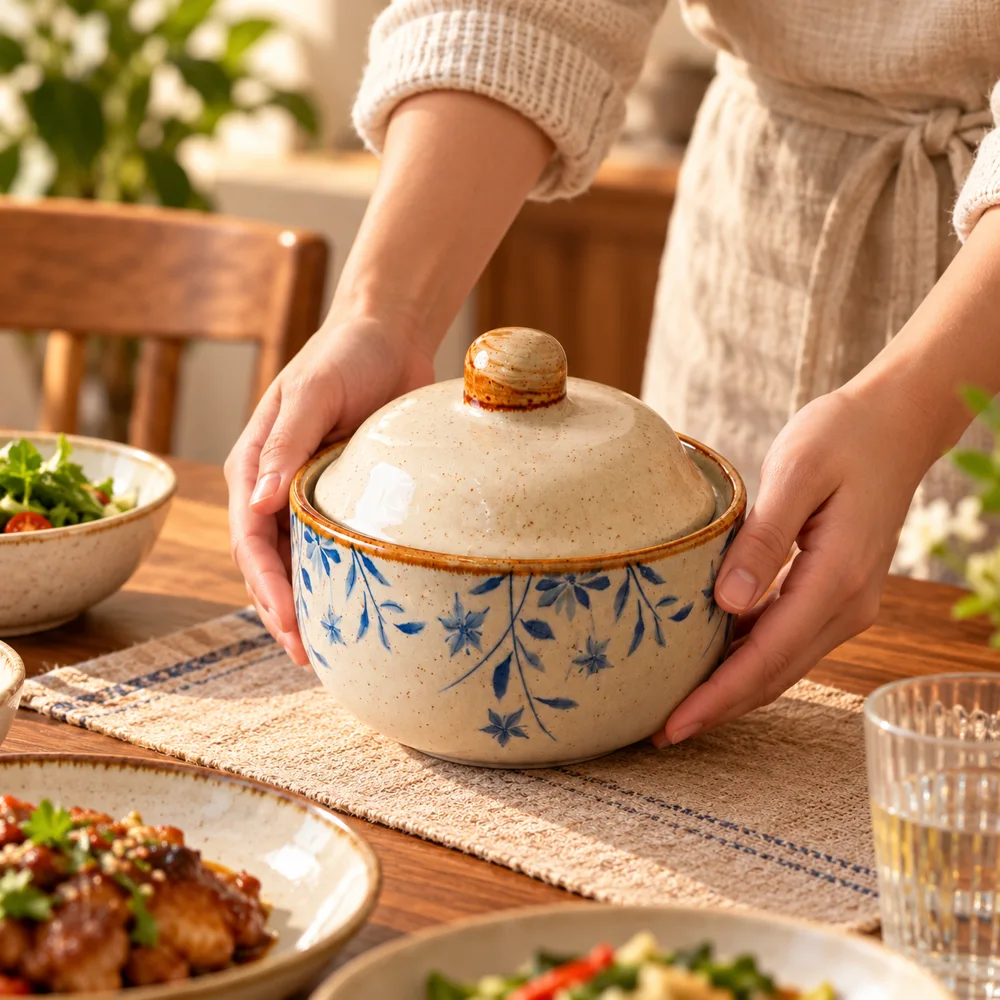 Qingshu Botanical Lidded Ceramic Bowl (400 ml) detail