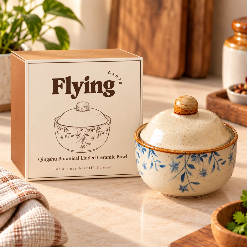 Qingshu Botanical Lidded Ceramic Bowl (400 ml) styled view
