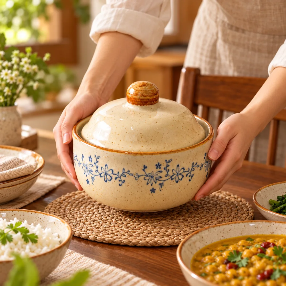 Qingman Vine Lidded Ceramic Bowl (400 ml) close view