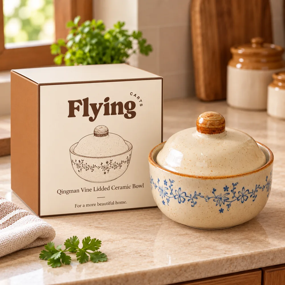 Qingman Vine Lidded Ceramic Bowl (400 ml) styled view