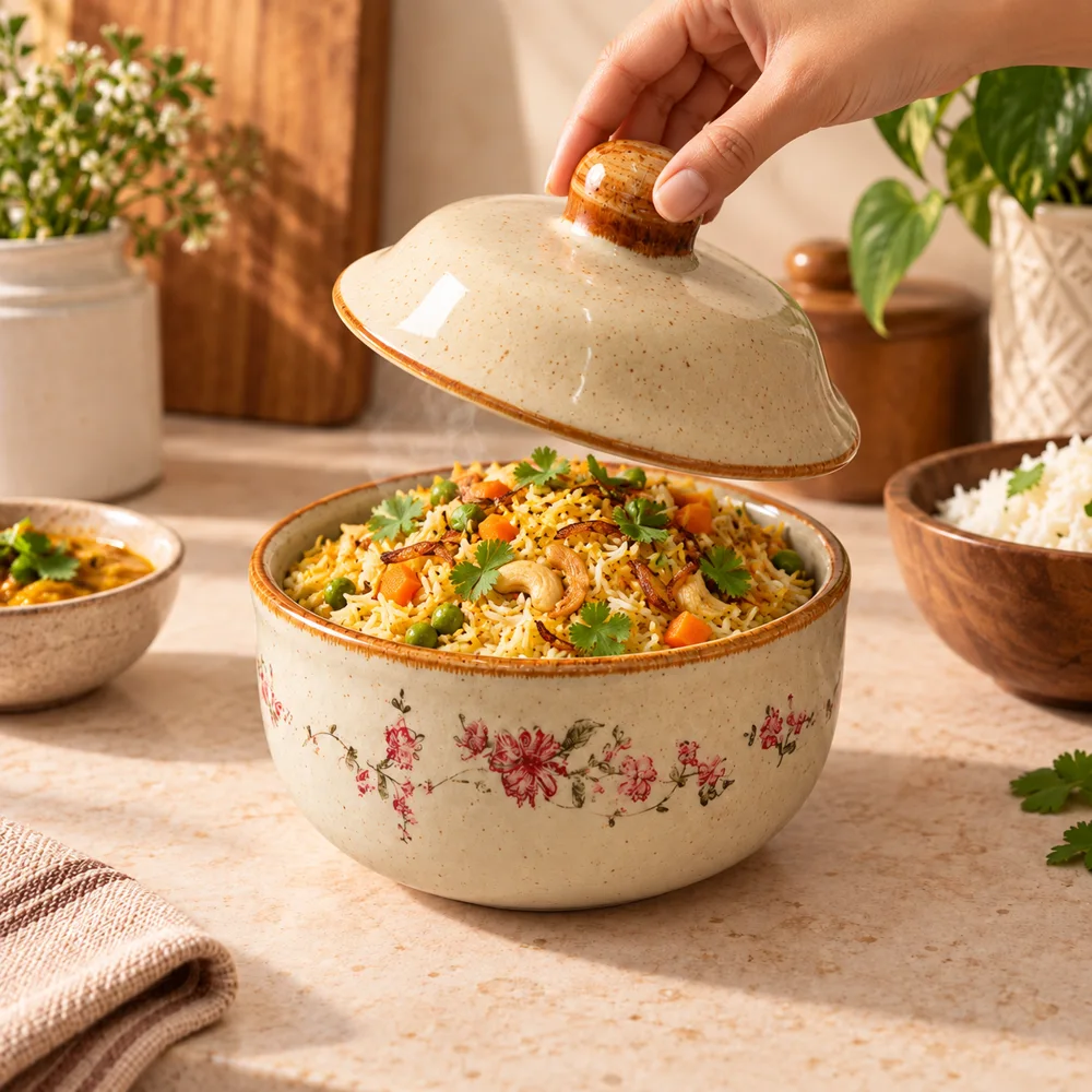 Sutang Blossom Lidded Ceramic Bowl (400 ml) in use