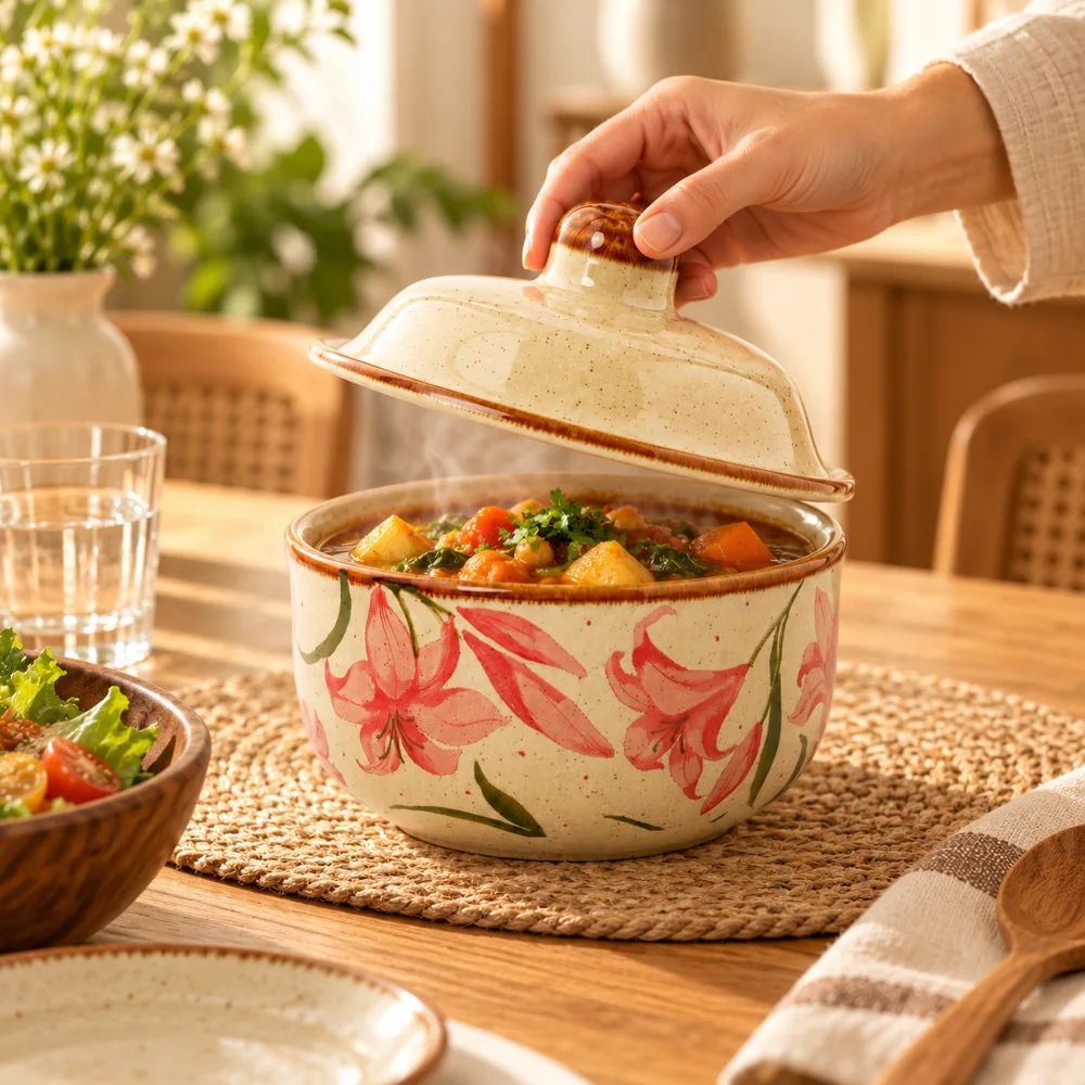 Pink Blossom Lidded Ceramic Bowl (4.5 Inch) — Everyday setup