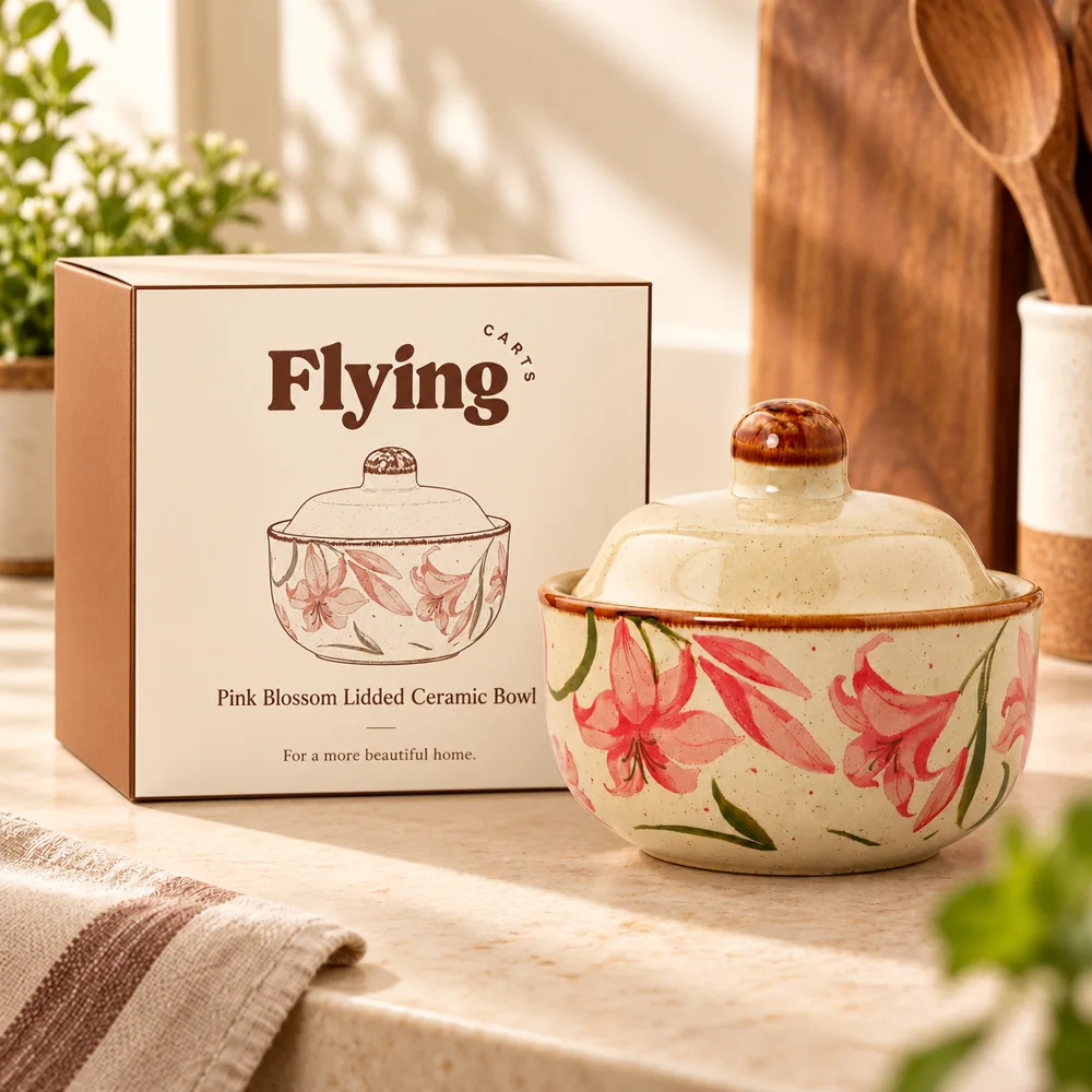 Pink Blossom Lidded Ceramic Bowl (4.5 Inch) styled view