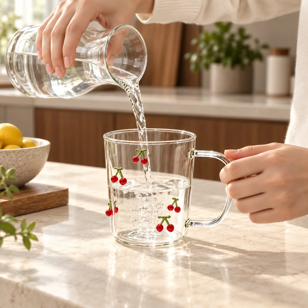 Raised Cherry Glass Mug (350 ml) in use
