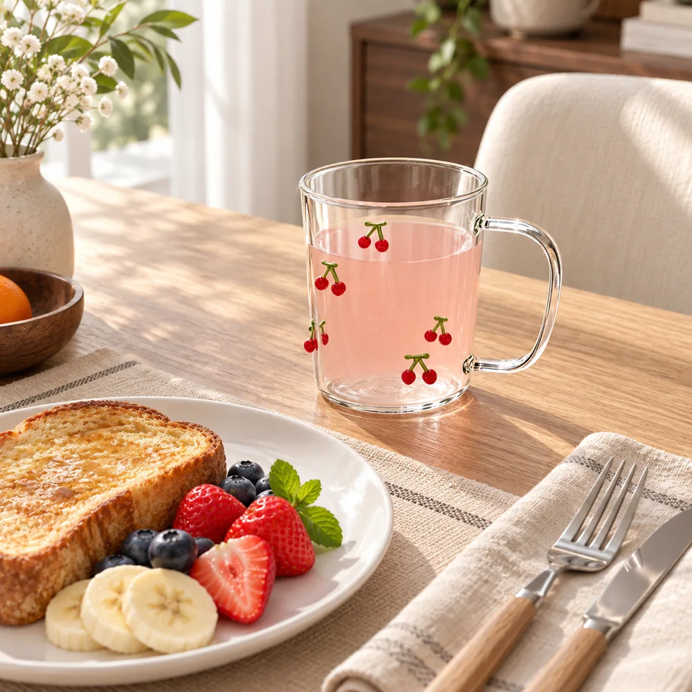 Raised Cherry Glass Mug (350 ml) — Ready for your space