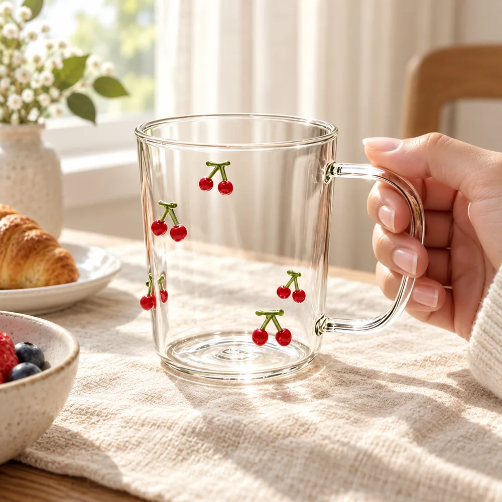 Raised Cherry Glass Mug (350 ml) detail