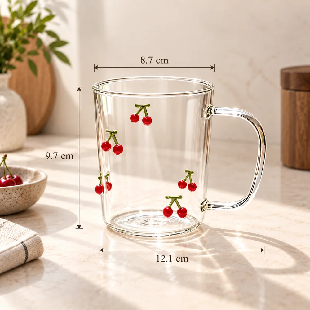 Raised Cherry Glass Mug (350 ml) styled view
