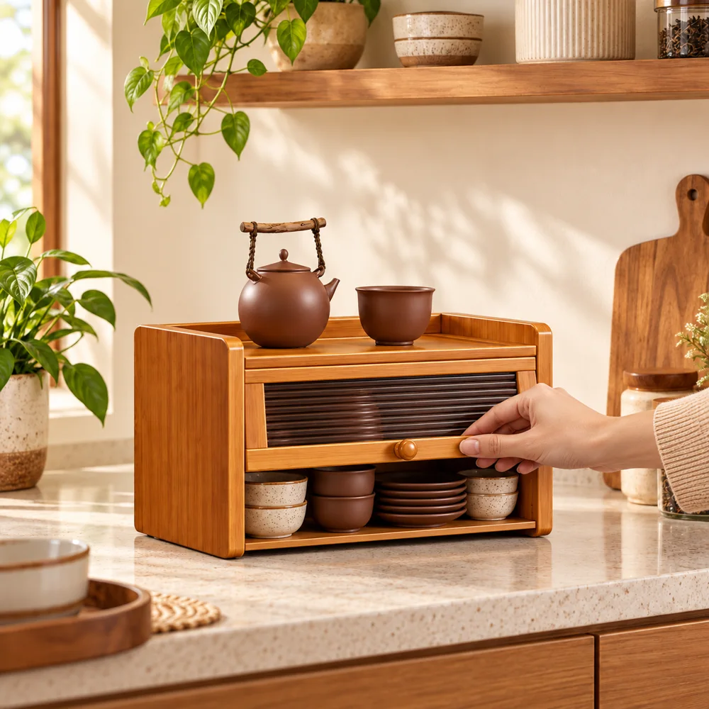 Reeded front Flip door Cup Cabinet (30 cm) in use
