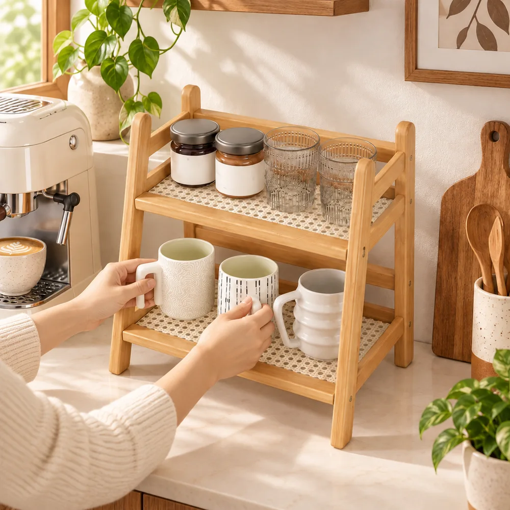 A frame Woven Desktop Shelf in use