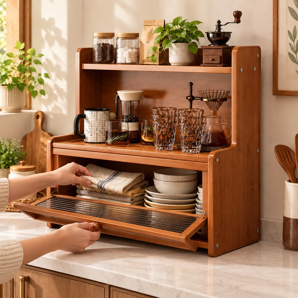 L corner Flip door Cup Cabinet — Everyday setup