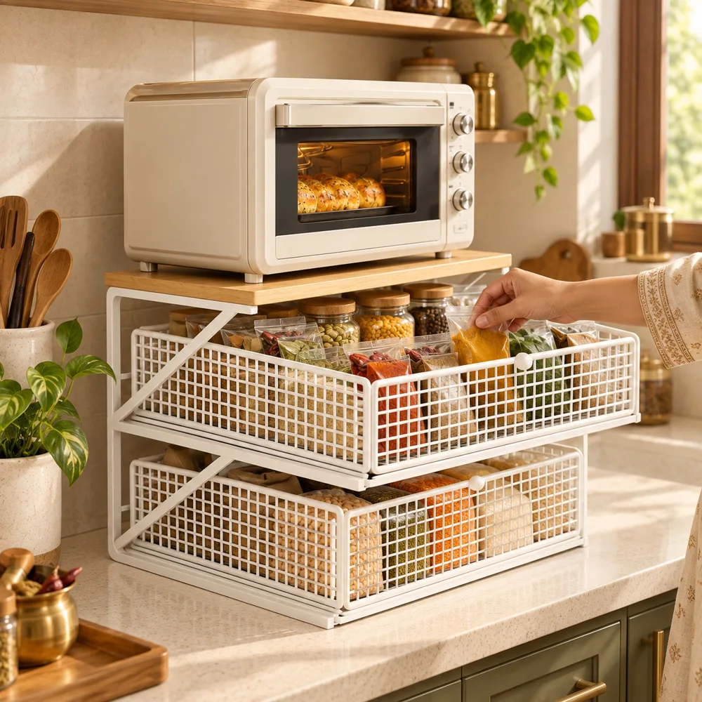 Pull-Out Appliance Rack Double Shelf in use
