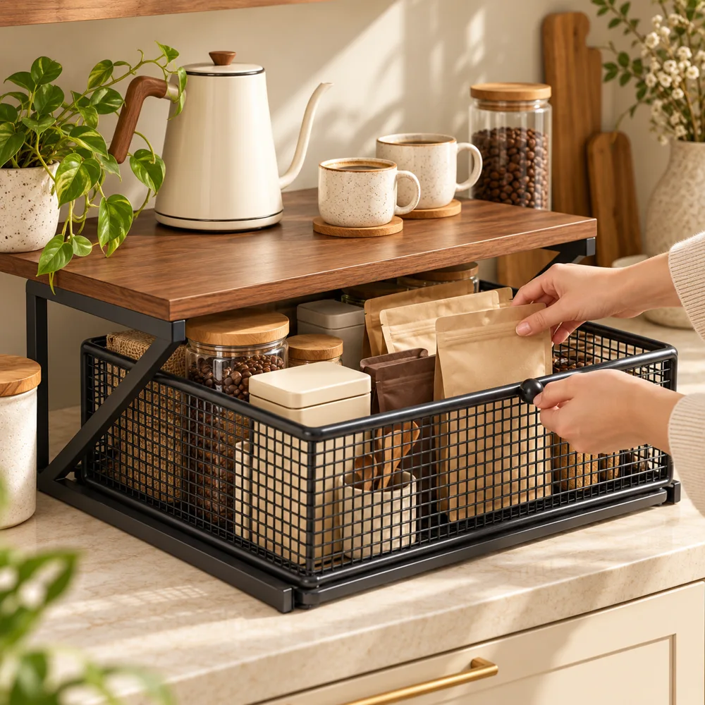 Coffee Station Drawer Stand Single Shelf in use