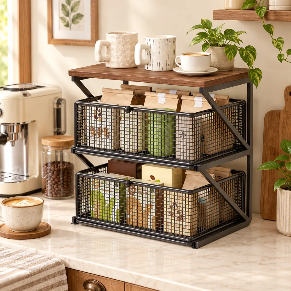 Coffee Station Drawer Stand Double Shelf