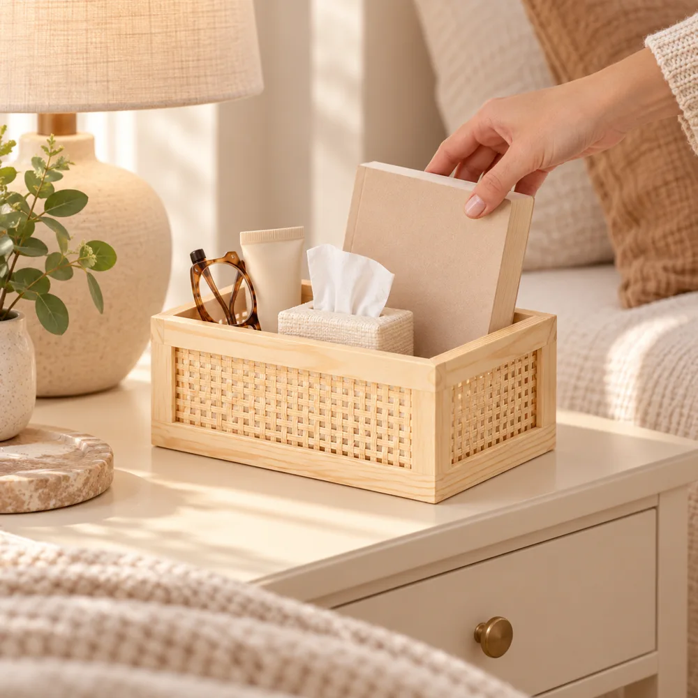 Natural Woven Mini Storage Tray in use