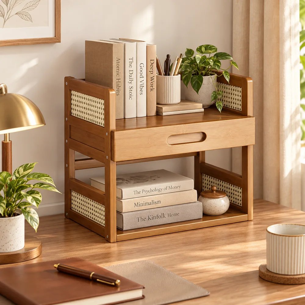 Vintage Book Organiser with Drawer (2 Tiers & 40 cm)