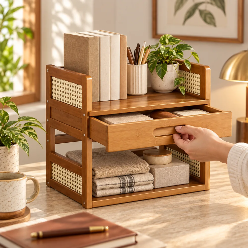 Vintage Book Organiser with Drawer (2 Tiers & 40 cm) in use