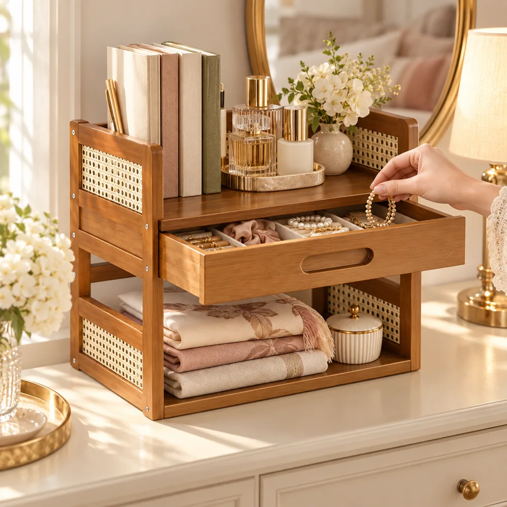 Vintage Book Organiser with Drawer (2 Tiers & 40 cm) — Form and function