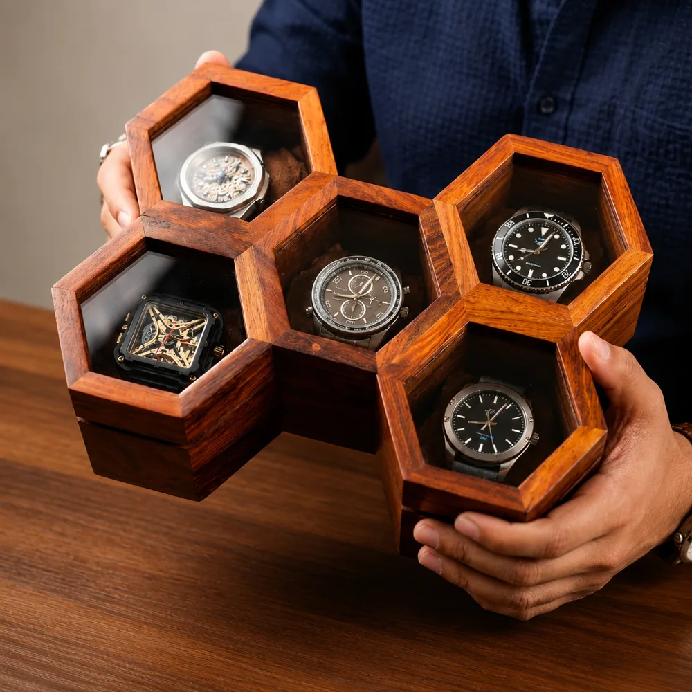Wooden Hexagon Watch Box — Everyday setup