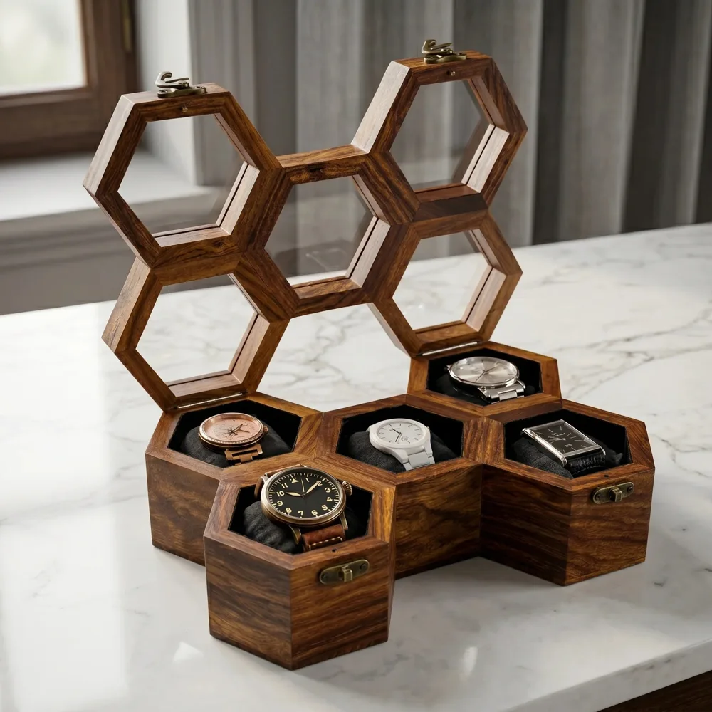Wooden Hexagon Watch Box close view